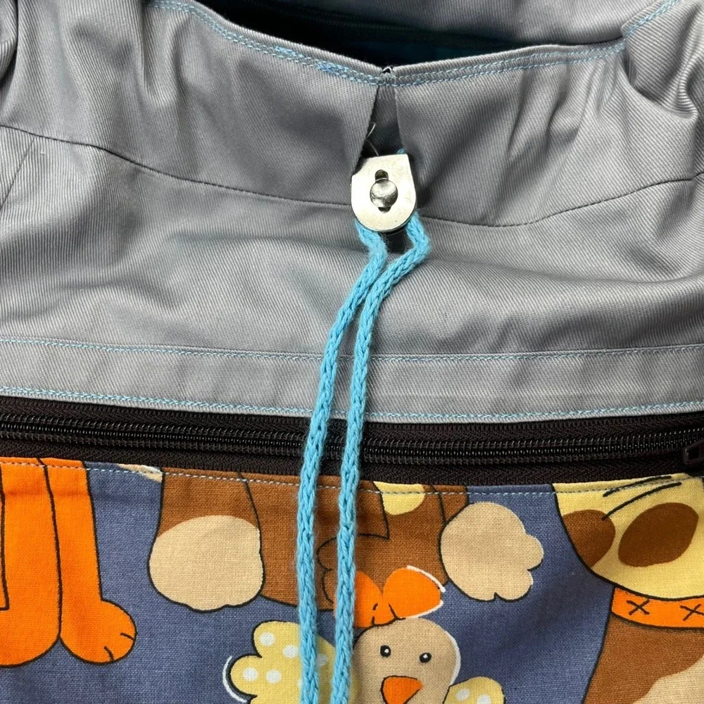Handmade Canvas Backpack Cat Bird Print Gray Multi Color Rucksack Whimsical Bag